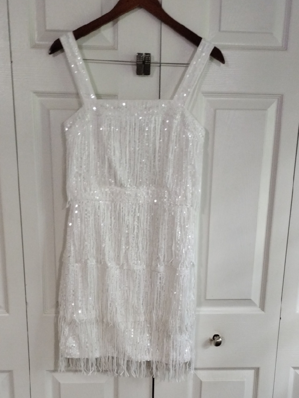 White Sequin Fringe Party Dress Square Neck